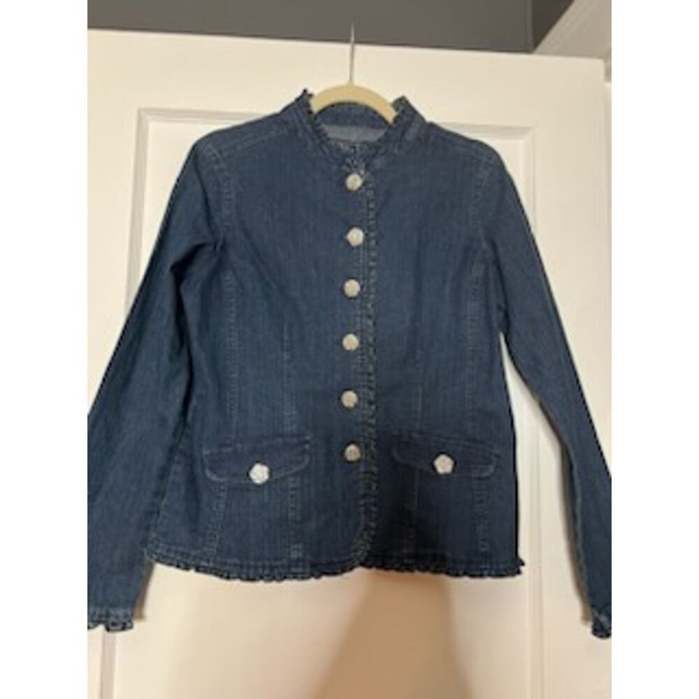 Women's Baccini Dark Blue Fitted Ruffled Denim Jacket w/ Silver Buttons Size Med